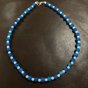 Blue and white beaded necklace